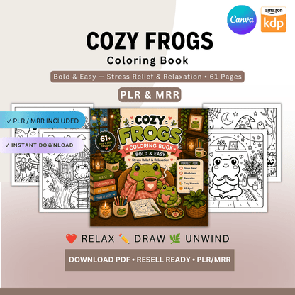 Cozy Frogs Coloring Book | 61 Cute & Easy Pages | PLR & MRR PDF