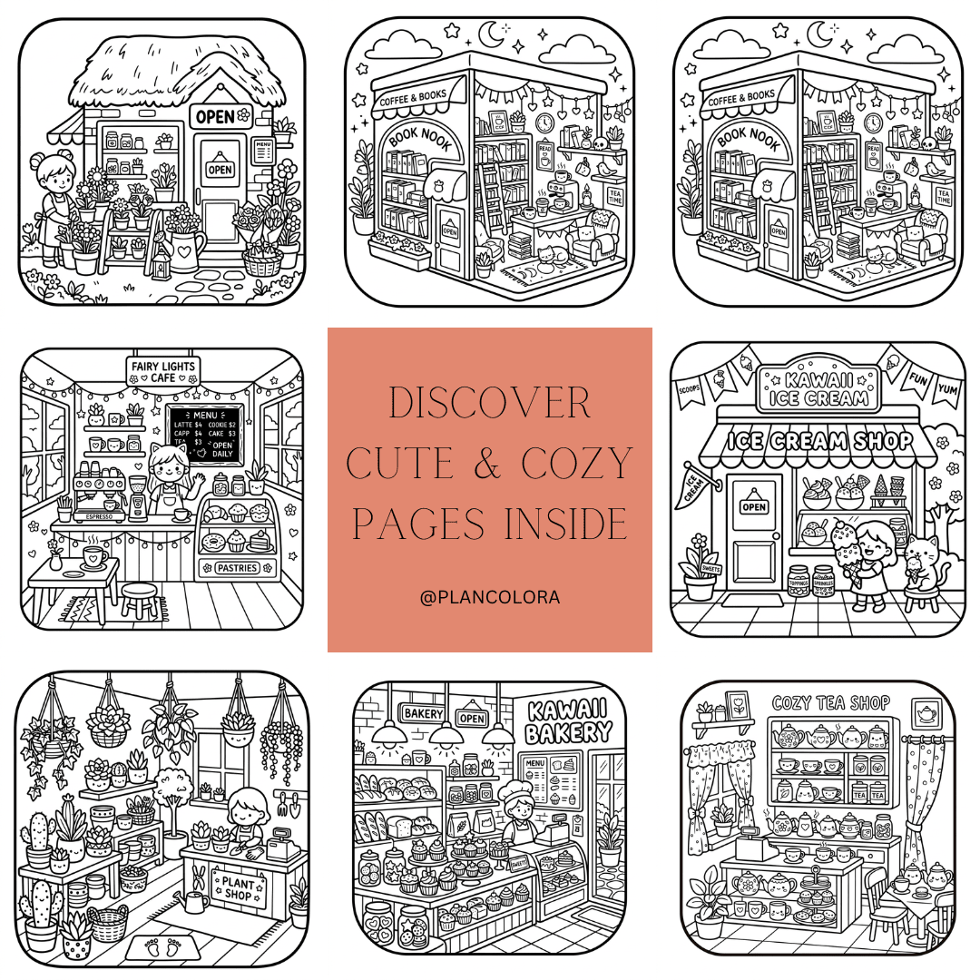 Cozy Mini Shops Coloring Book | 63 Pages | PLR & MRR | PDF Download